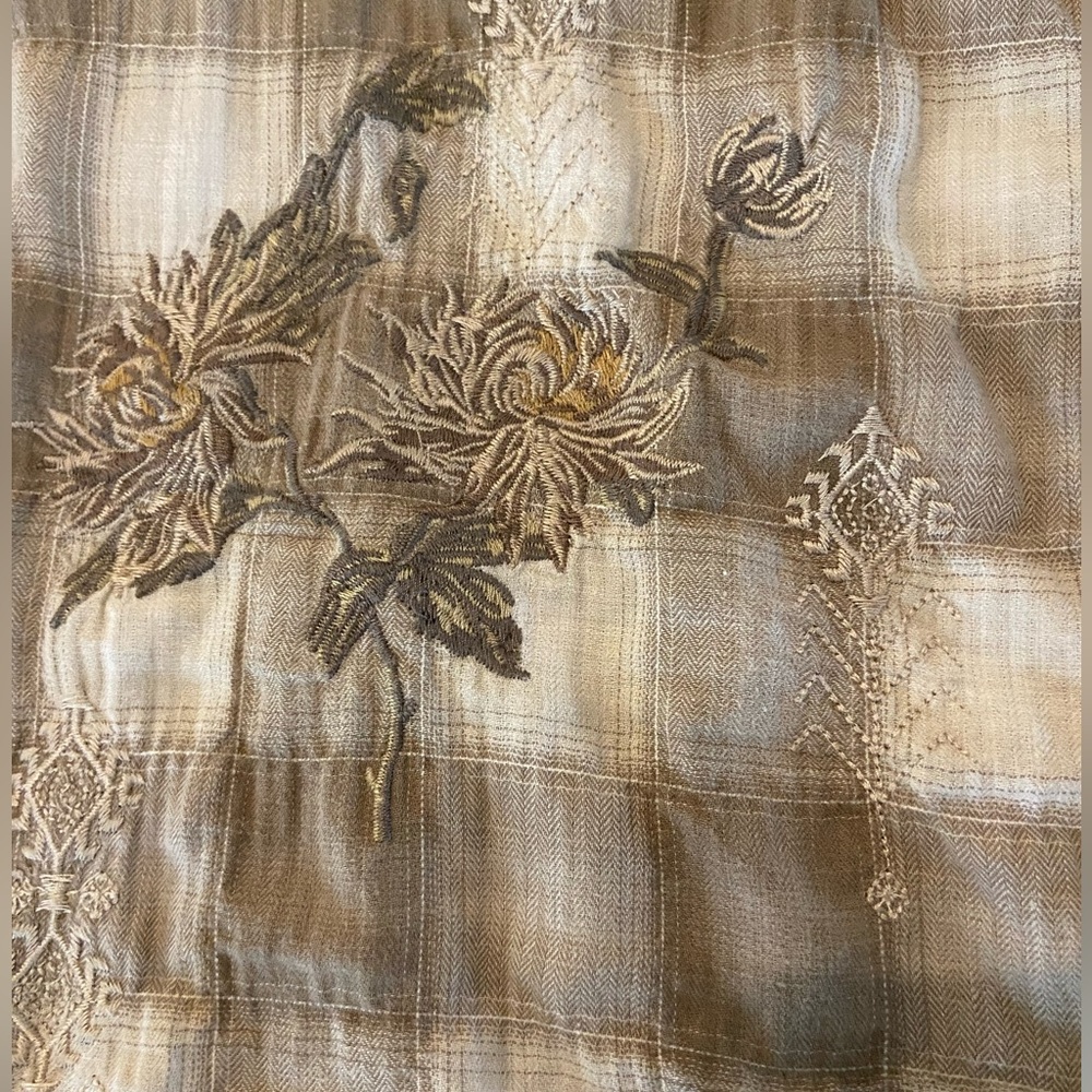 Johnny Was Embroidered Cotton Button Up Top, Saddle Brown & Beige Plaid, Sz Sml - Picture 4 of 7
